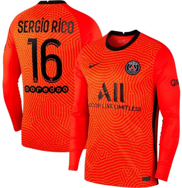 PSG Orange Goalkeeper Long Sleeve Soccer Jersey Shirt Sergio Rico 16 2020/21